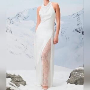 Lulus Concetta Ivory Satin Lace Halter Maxi Dress, Size XS